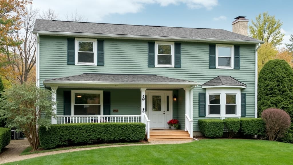 Two-story colonial with sage green siding, white trim and dark green shutters